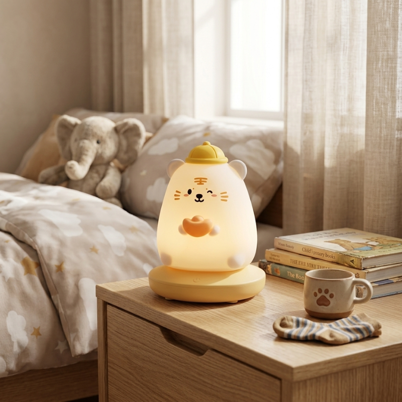 A cute, bear-shaped night light glowing with a warm yellow light on a wooden bedside table in a cozy bedroom. The light features a white bear face with orange details and a small yellow hat.