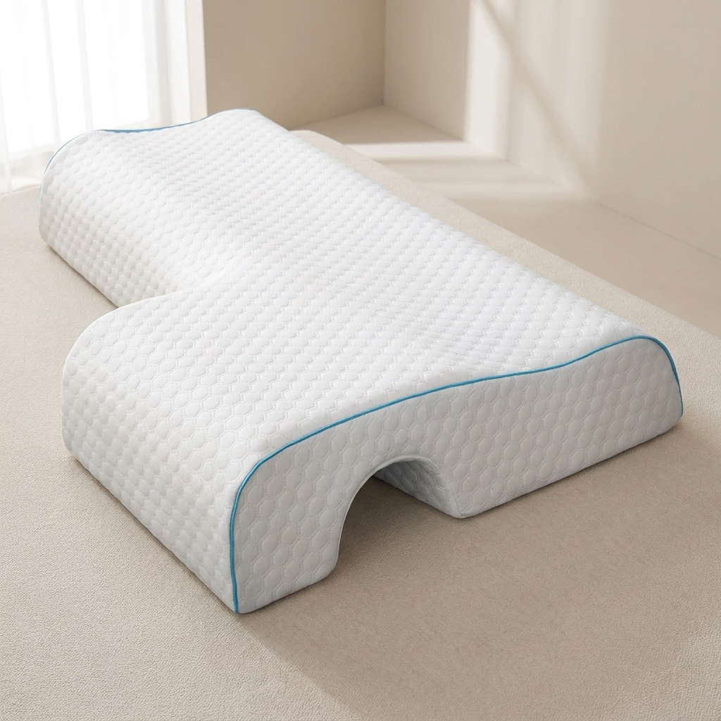 Cervical pillow on a bed with a neutral background