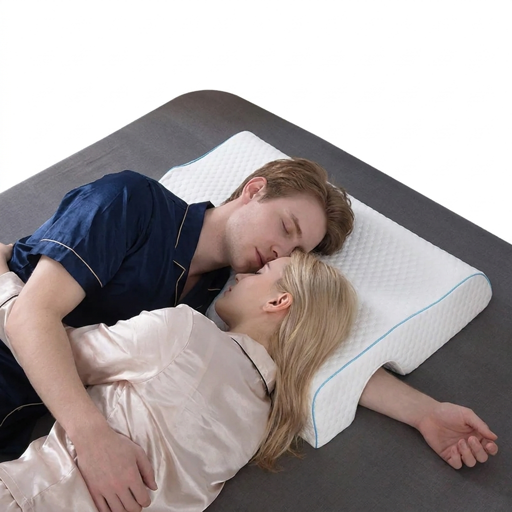 Two people lying on a bed with a wedge-shaped pillow between them.