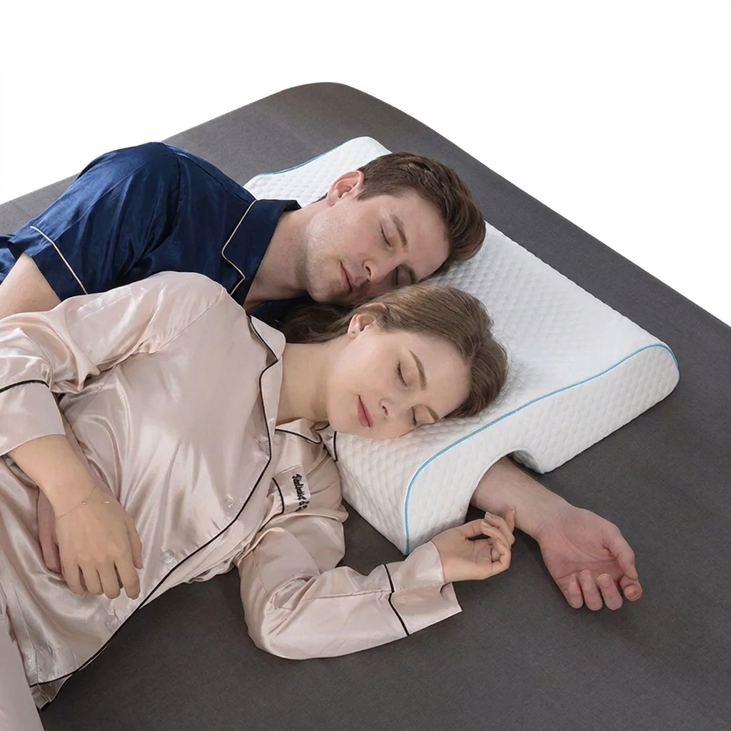 Two people lying on a bed with a white pillow between them.