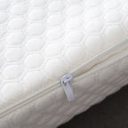 Close-up of a white quilted mattress cover with a zipper.