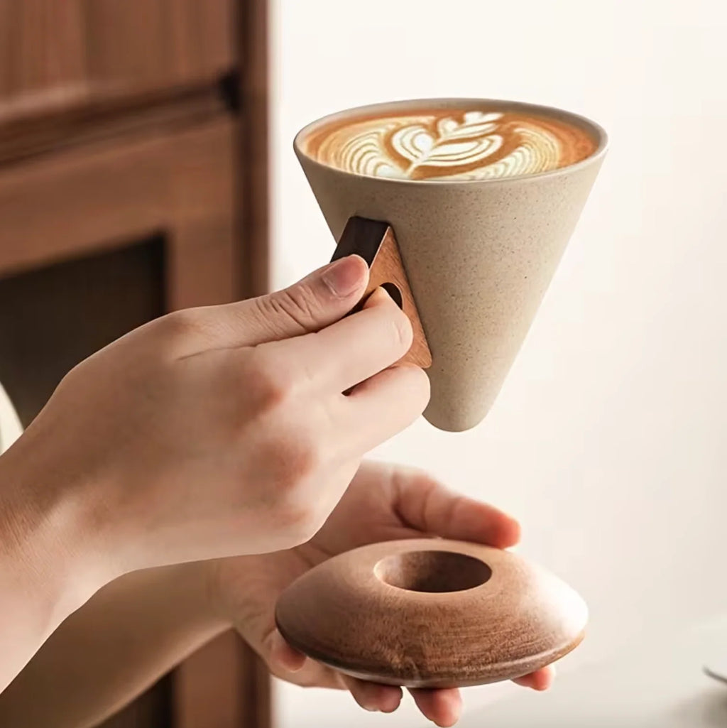 Artisan Espresso Cup Set - Elegant Ceramic & Wood Design for Coffee Lovers 3