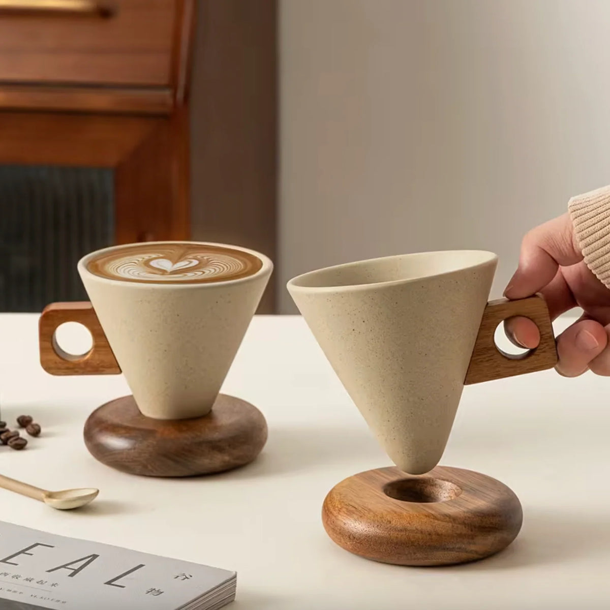 Artisan Espresso Cup Set - Elegant Ceramic & Wood Design for Coffee Lovers 4