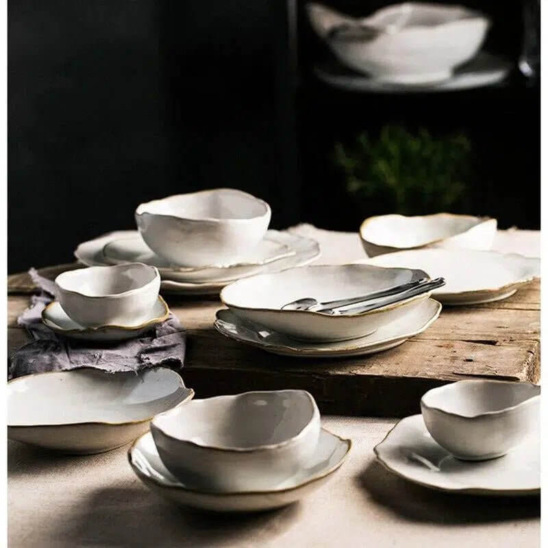 Artisanal Organic Ceramic Dinnerware Set with Irregular Petal Rims – High-Density Porcelain Dinner Plates in Alabaster Matte Finish 2