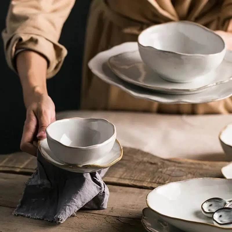 Artisanal Organic Ceramic Dinnerware Set with Irregular Petal Rims – High-Density Porcelain Dinner Plates in Alabaster Matte Finish 4