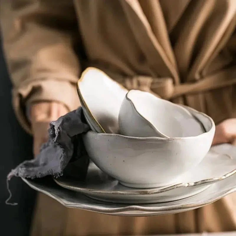 Artisanal Organic Ceramic Dinnerware Set with Irregular Petal Rims – High-Density Porcelain Dinner Plates in Alabaster Matte Finish 5