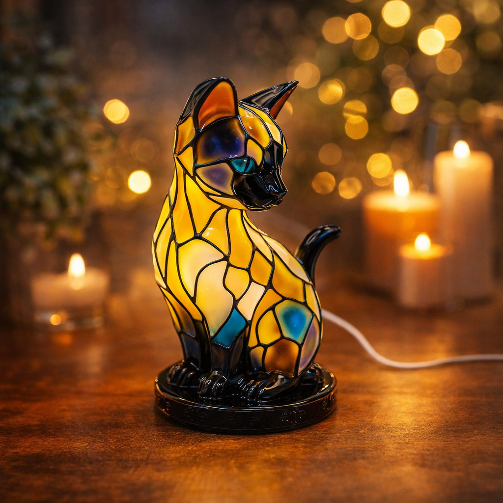 Cat Silhouette Table Lamp – Mosaic Resin Design for Ambient Lighting in Bedroom and Living Room, Ideal Bedside or Nightstand Lamp 2