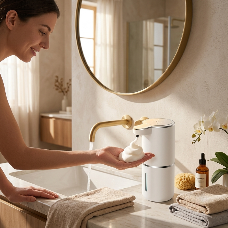 Woman using a soap dispenser in a bathroom setting