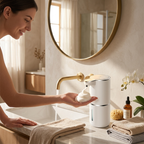 Woman using a soap dispenser in a bathroom setting