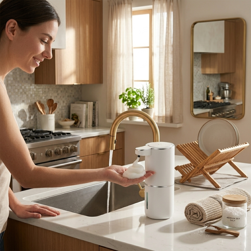 Woman washing dishes in a modern kitchen with a sink and countertop.