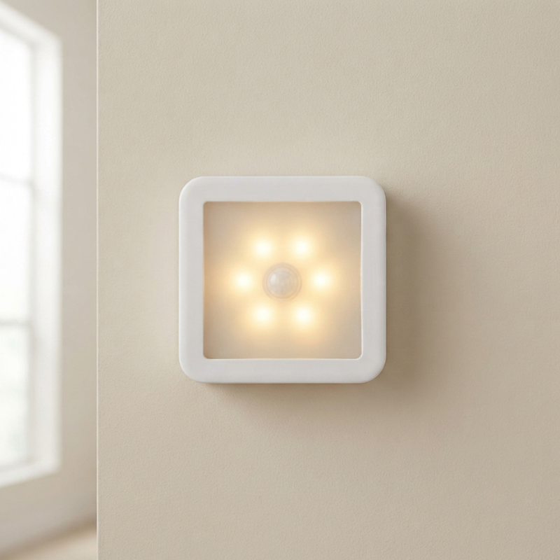 A square white wall-mounted light fixture with a glowing warm-white LED light in the center, mounted on a beige wall next to a window.