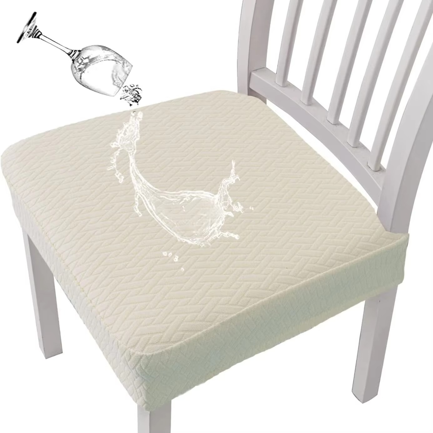 Cream-colored seat cover on a chair with a glass of water being poured onto it.