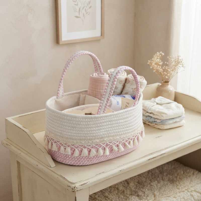 Baby Caddy Organizer Hand Woven Fabric Portable Multi Compartment Storage 03