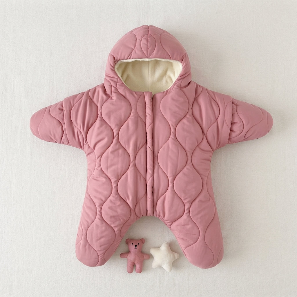 A pink quilted baby snowsuit with a hood and foot coverings, laid flat on a light textured background. The inside hood lining is cream-colored, and there are two small toys placed below the feet: a pink teddy bear and a white star.