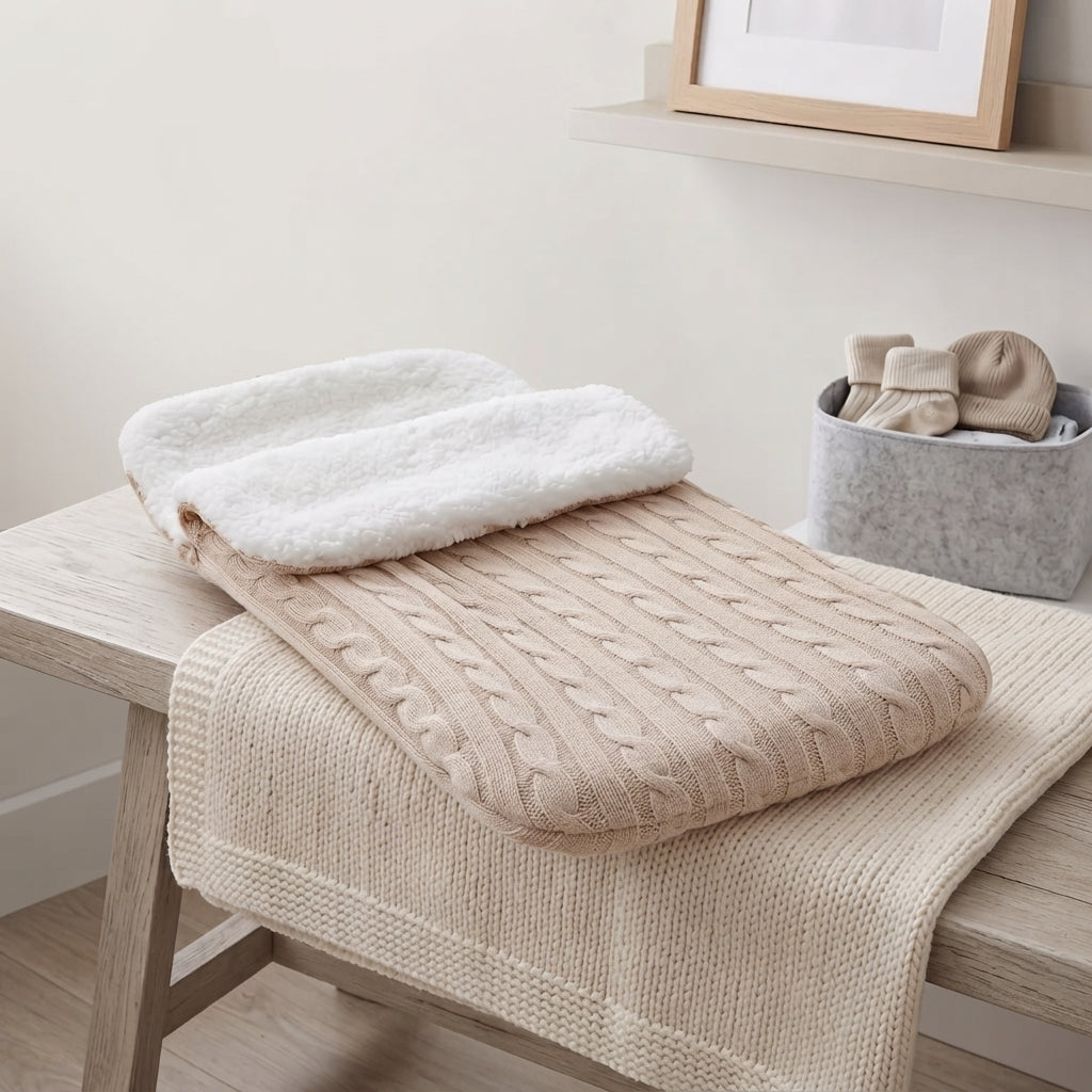 A beige cable-knit baby blanket with a white plush insert is draped over a light wood changing table in a softly styled nursery setting.