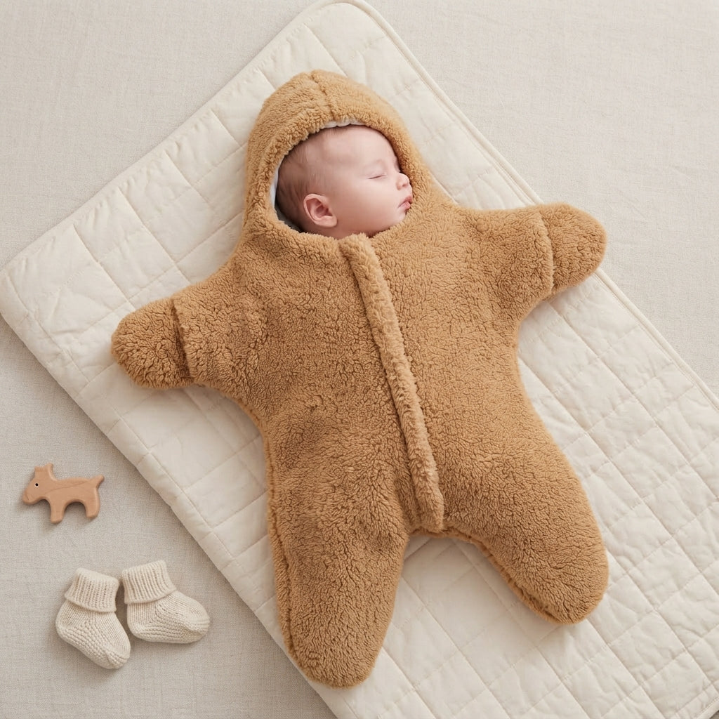 A sleeping newborn baby wearing a plush tan star-shaped hooded swaddle blanket, lying on a cream quilted mattress. A small wooden animal toy and cream knit booties are placed beside the baby.
