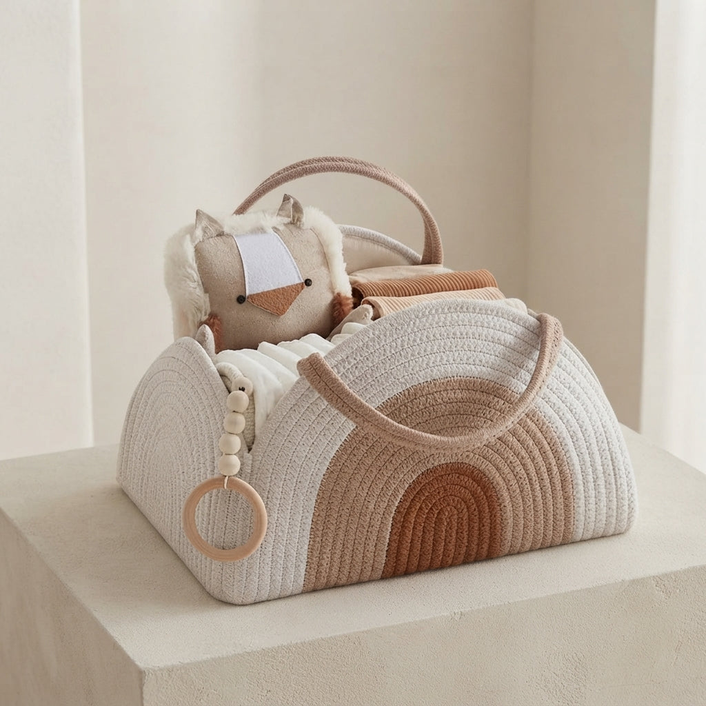 A woven baby storage basket in cream and tan with a handle, shown on a pedestal with a plush toy and folded textiles inside.