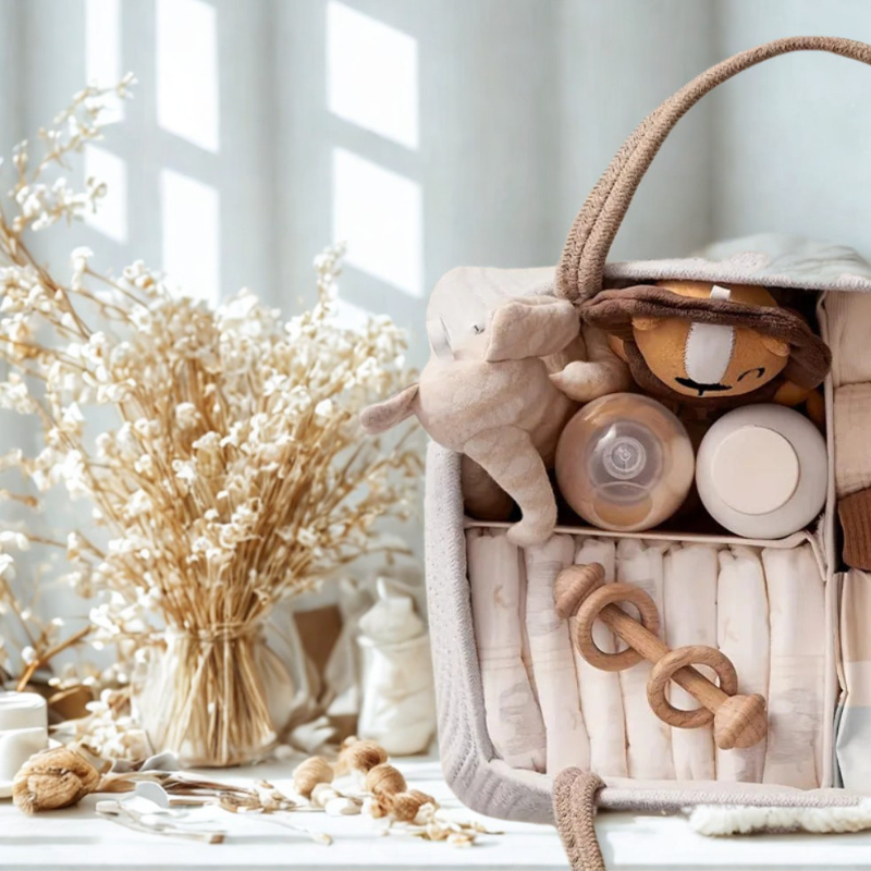 A styled baby gift basket filled with soft beige and natural-toned items, including a plush elephant toy, wooden ring teething toys, bottles, and folded fabric pieces, set beside dried floral arrangements in a bright, softly lit interior.