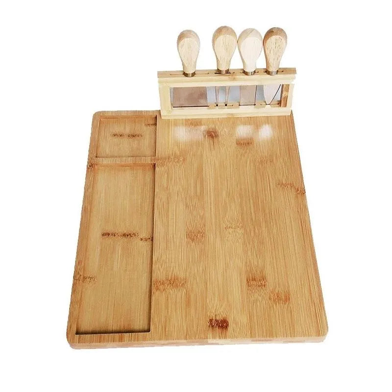 Bamboo Cheese Board Set - Durable Serving Platter with 4 Knives 1