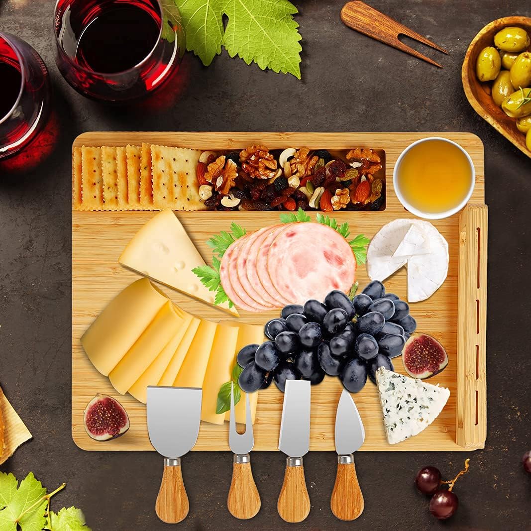 Bamboo Cheese Board Set - Durable Serving Platter with 4 Knives 3