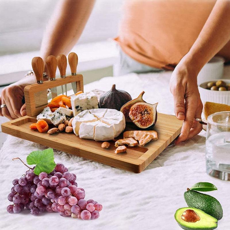 Bamboo Cheese Board Set - Durable Serving Platter with 4 Knives 6