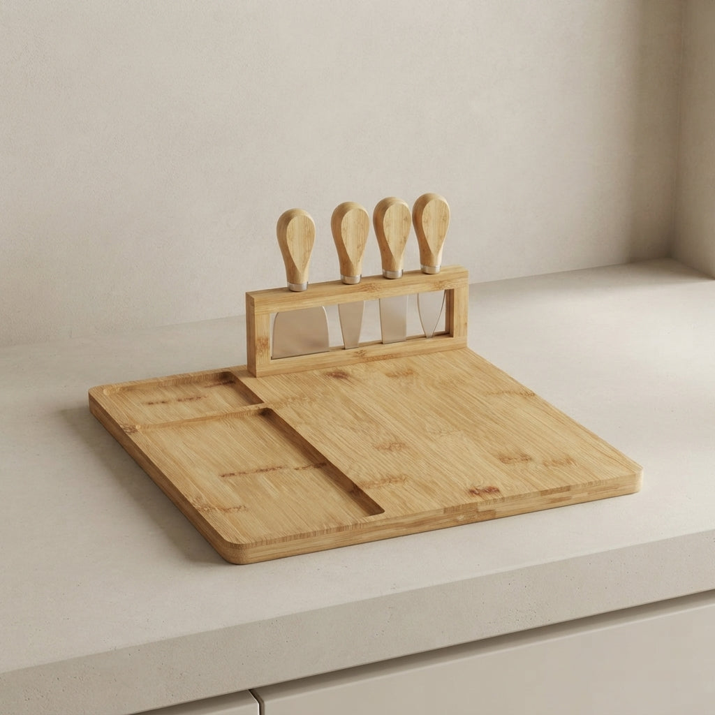 Bamboo Cheese Board Set with 4 Stainless Steel Knives 1