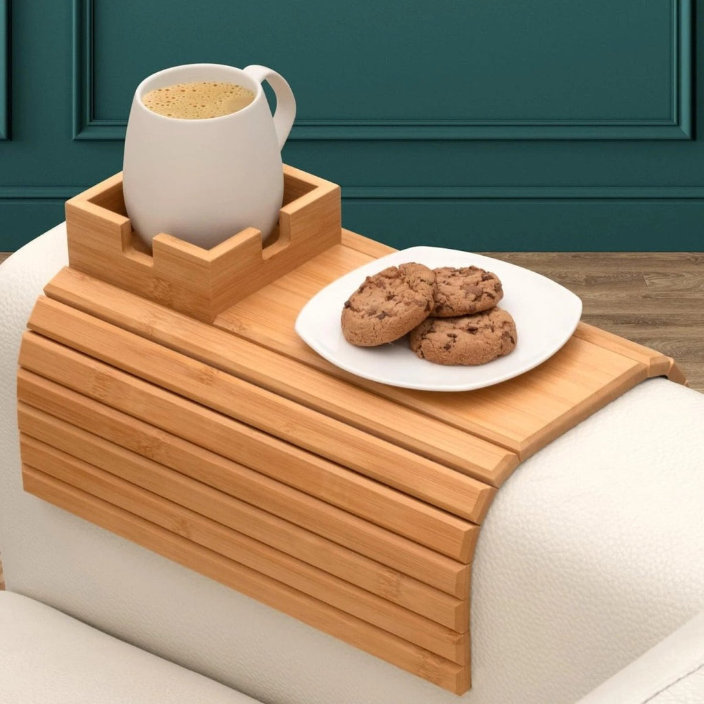 Bamboo Couch Tray - Non-Slip Sofa Armrest Table for Snacks & Drinks 0