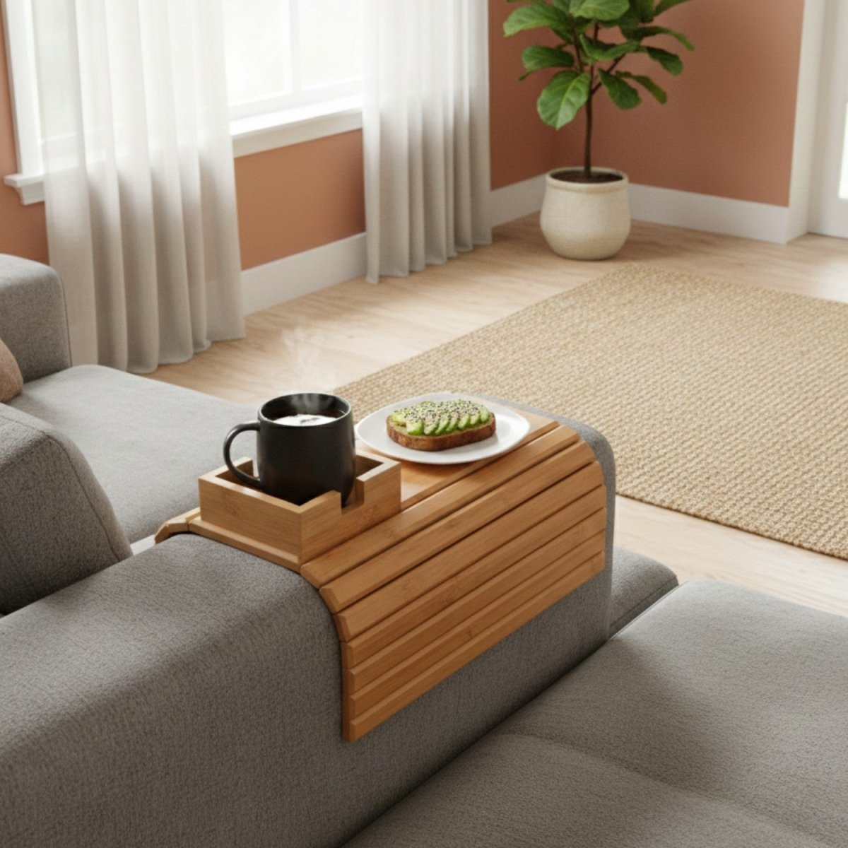 Bamboo Couch Tray - Non-Slip Sofa Armrest Table for Snacks & Drinks 1