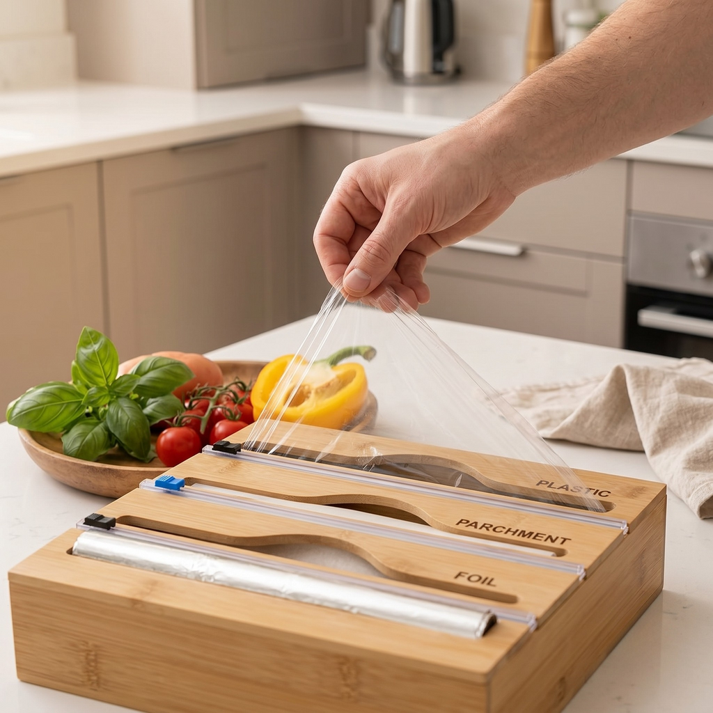 Bamboo Kitchen Drawer Organizer - 3-in-1 Storage for Wraps & Foils 0