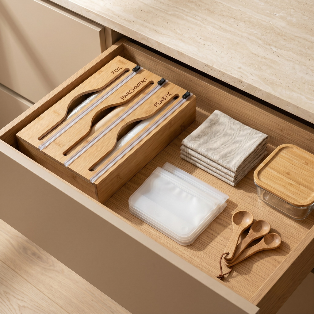 Bamboo Kitchen Drawer Organizer - 3-in-1 Storage for Wraps & Foils 1