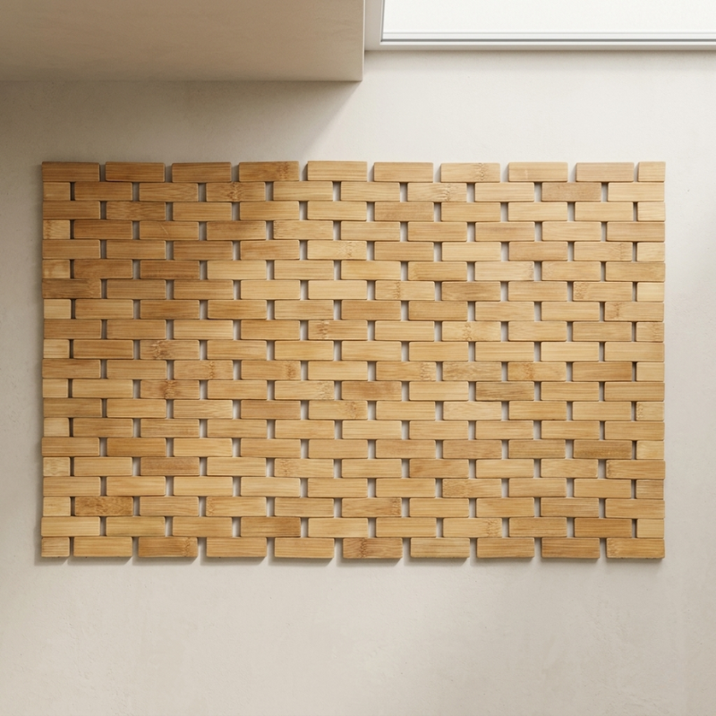 Bath Mat Bamboo Slatted EVA Backing Foldable Natural Finish, Non Slip Design