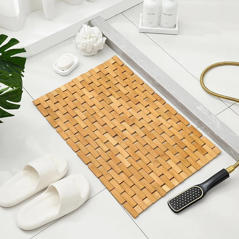 Bath Mat Bamboo Slatted EVA Backing Foldable Natural Finish, Non Slip Design 1