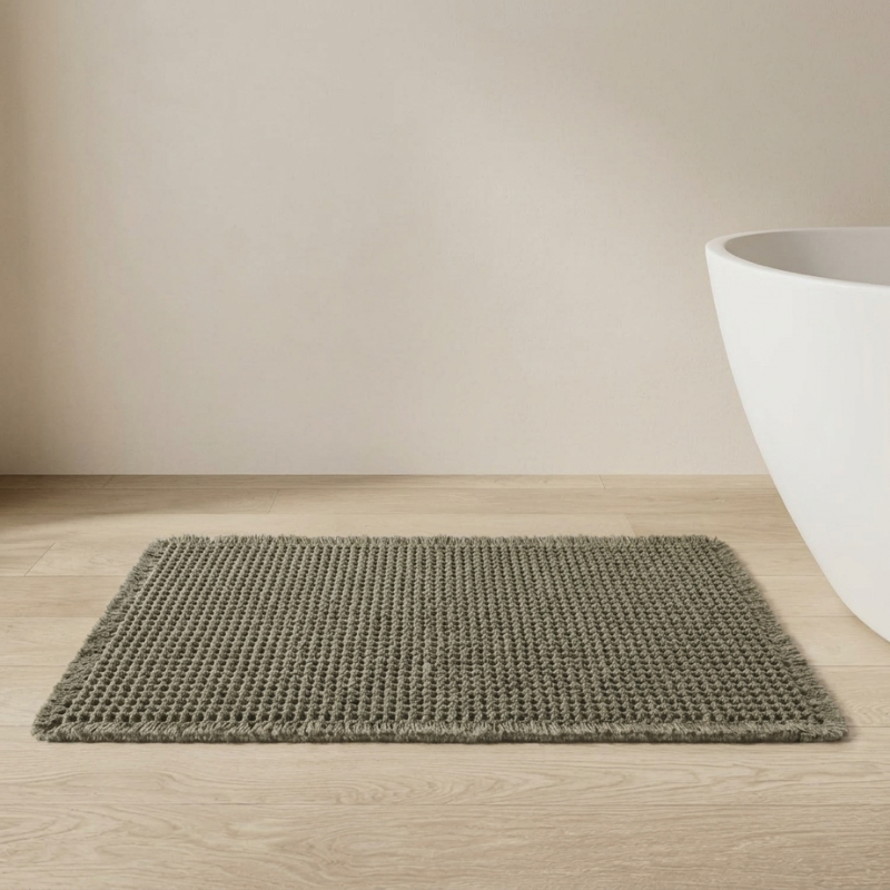Bath Mat Cotton Waffle Non Slip Backing Rectangular, Soft Quick-Drying Bathroom Rug