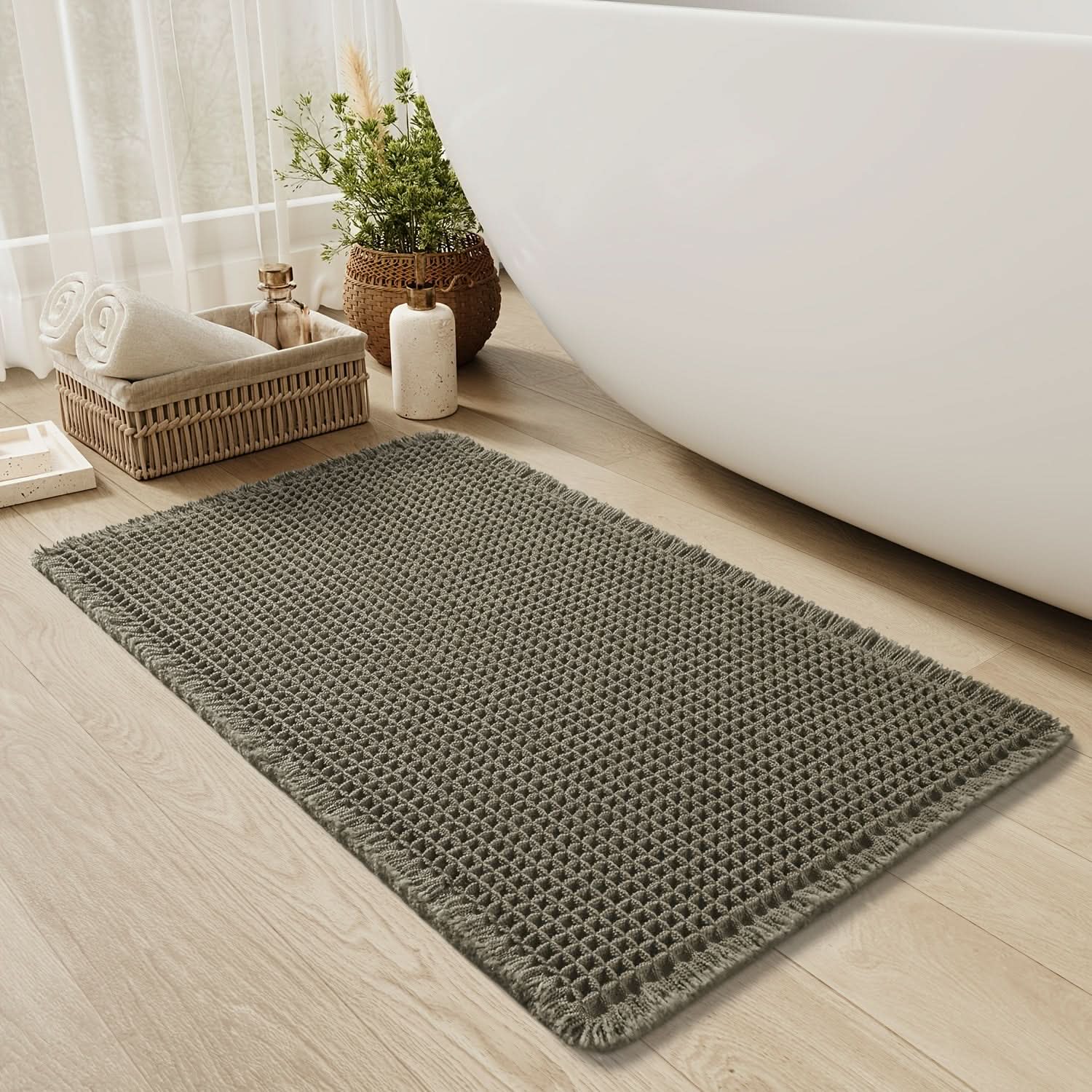 Bath Mat Cotton Waffle Non Slip Backing Rectangular, Soft Quick-Drying Bathroom Rug 1