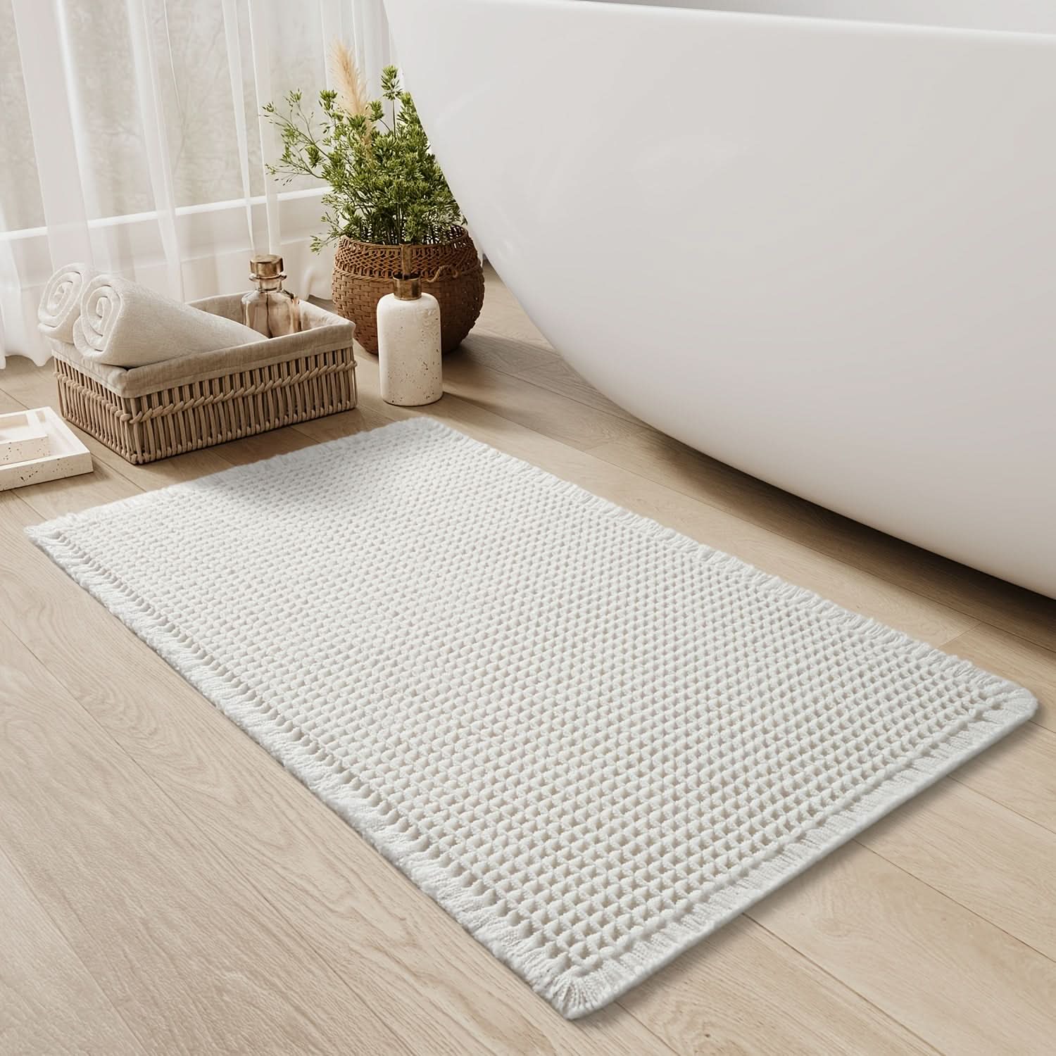 Bath Mat Cotton Waffle Non Slip Backing Rectangular, Soft Quick-Drying Bathroom Rug 4