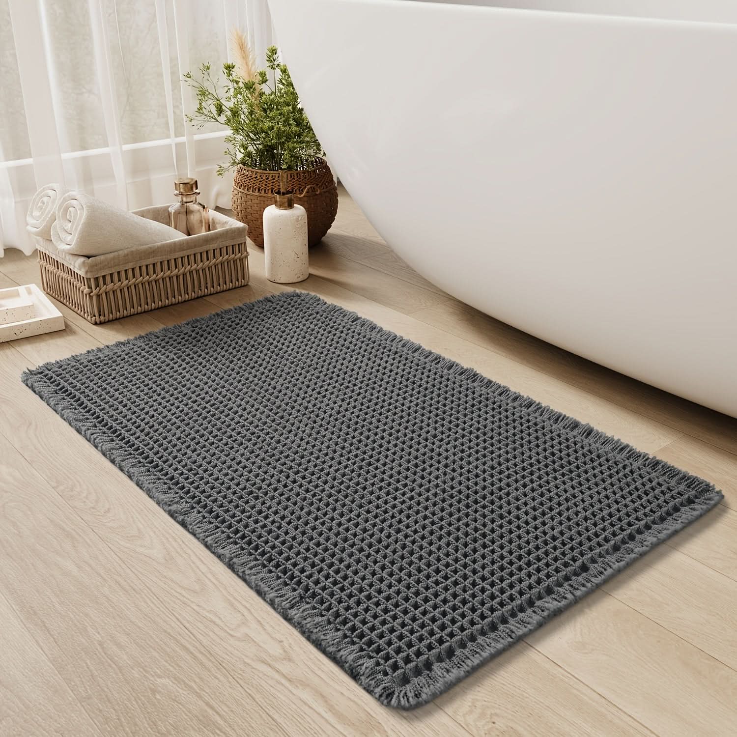 Bath Mat Cotton Waffle Non Slip Backing Rectangular, Soft Quick-Drying Bathroom Rug 6