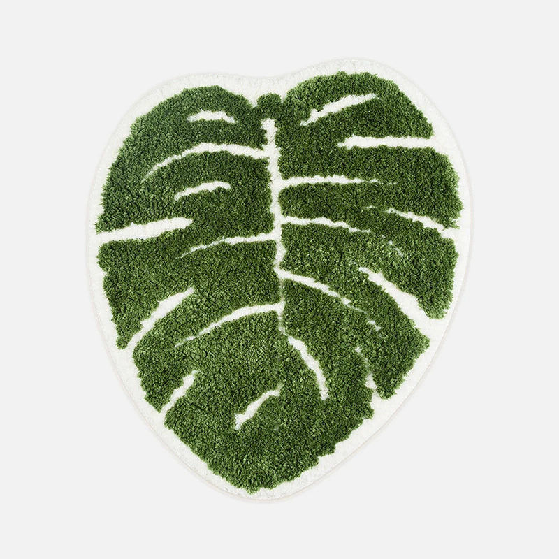 Bath Mat Microfiber Non Slip Leaf Pattern Green White Polyester, Plush Absorbent Design 1