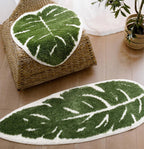 Bath Mat Microfiber Non Slip Leaf Pattern Green White Polyester, Plush Absorbent Design 3