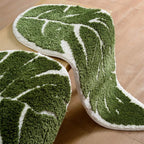 Bath Mat Microfiber Non Slip Leaf Pattern Green White Polyester, Plush Absorbent Design 4