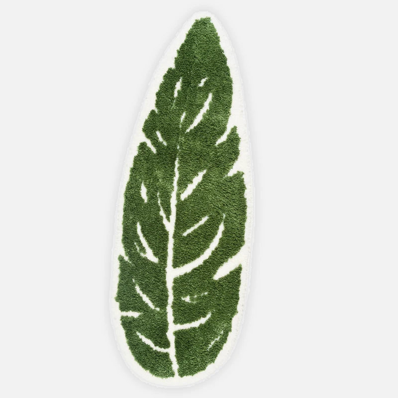 Bath Mat Microfiber Non Slip Leaf Pattern Green White Polyester, Plush Absorbent Design 6