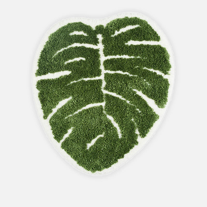 Bath Mat Microfiber Non Slip Leaf Pattern Green White Polyester, Plush Absorbent Design 7