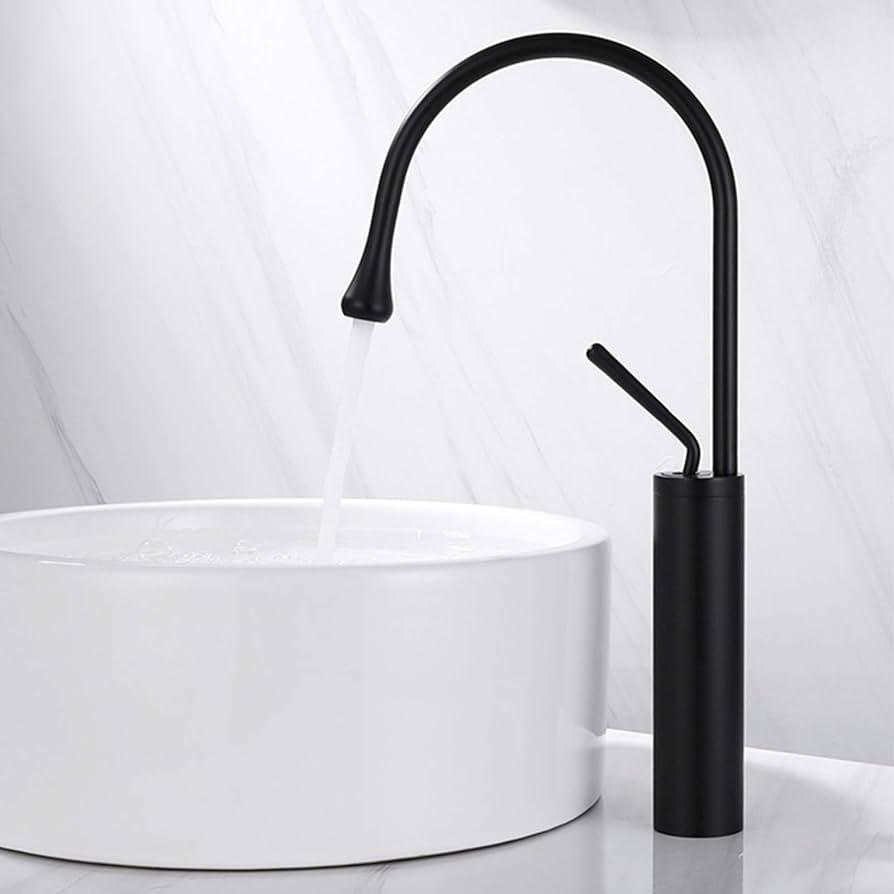 Black faucet on a white sink against a light gray background