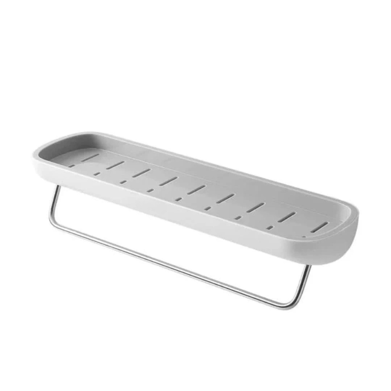 Gray metal shelf with a chrome bracket on a white background
