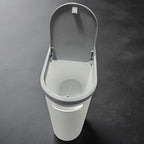 White trash bin with open lid on a dark gray background