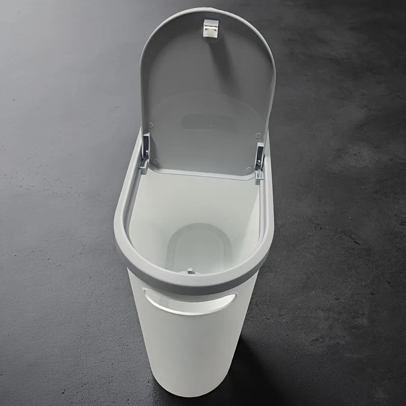 White trash bin with open lid on a dark gray background