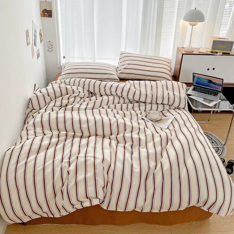 Bedding Set Polyester Striped Duvet Cover Bed Sheet Pillowcases 4