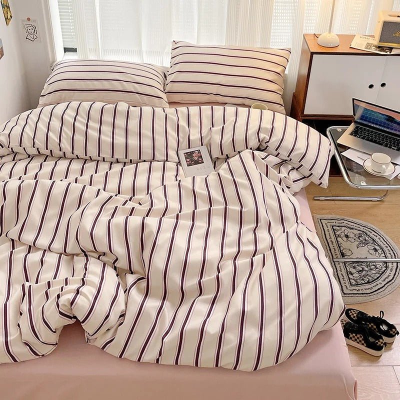 Bedding Set Polyester Striped Duvet Cover Bed Sheet Pillowcases 5