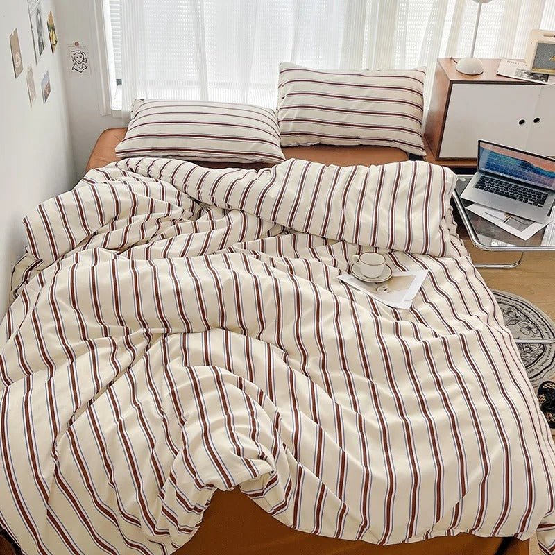 Bedding Set Polyester Striped Duvet Cover Bed Sheet Pillowcases 6