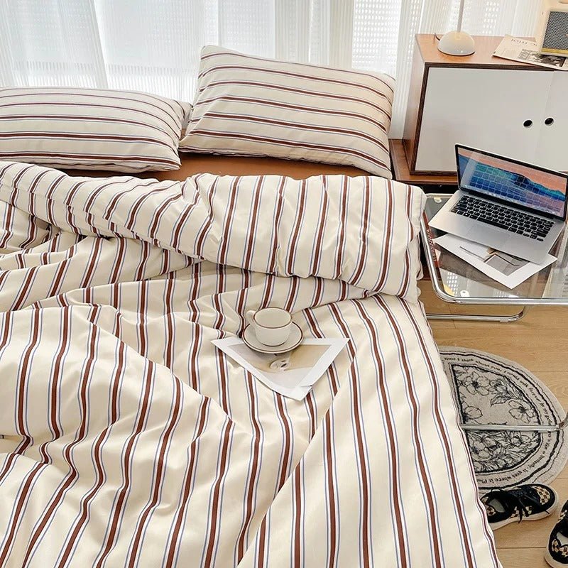 Bedding Set Polyester Striped Duvet Cover Bed Sheet Pillowcases 7