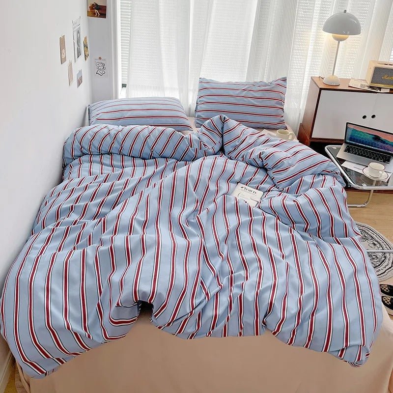 Bedding Set Polyester Striped Duvet Cover Bed Sheet Pillowcases 8